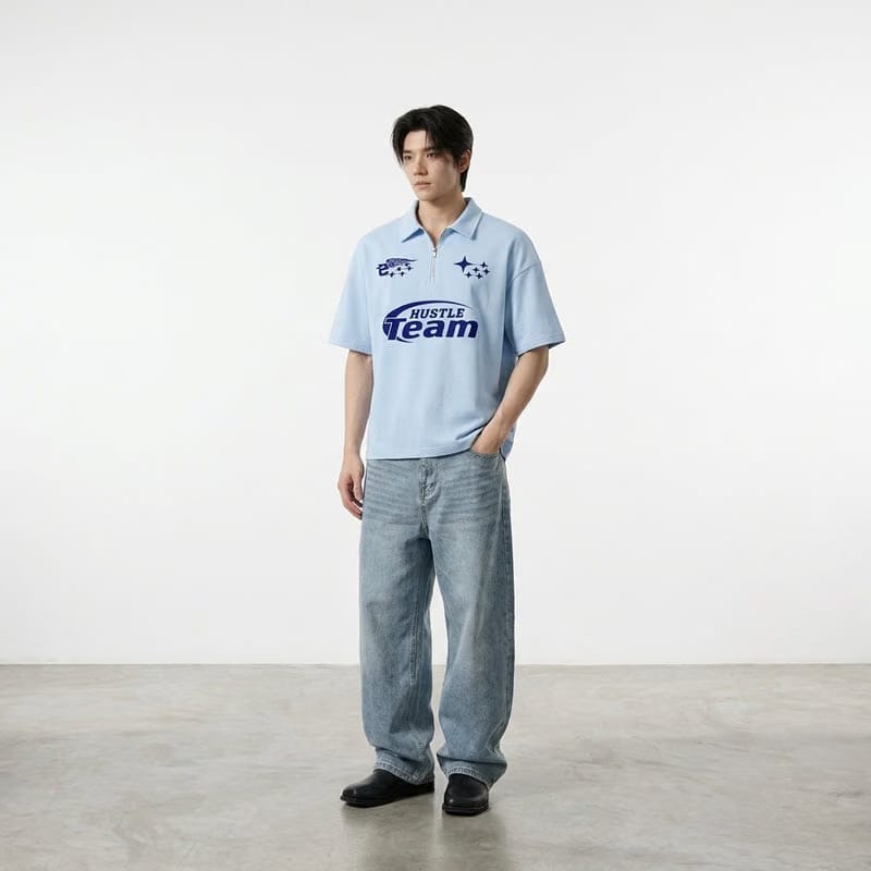 Hustle Team Be Autyst Quarter Zip Ice Blue T-Shirt