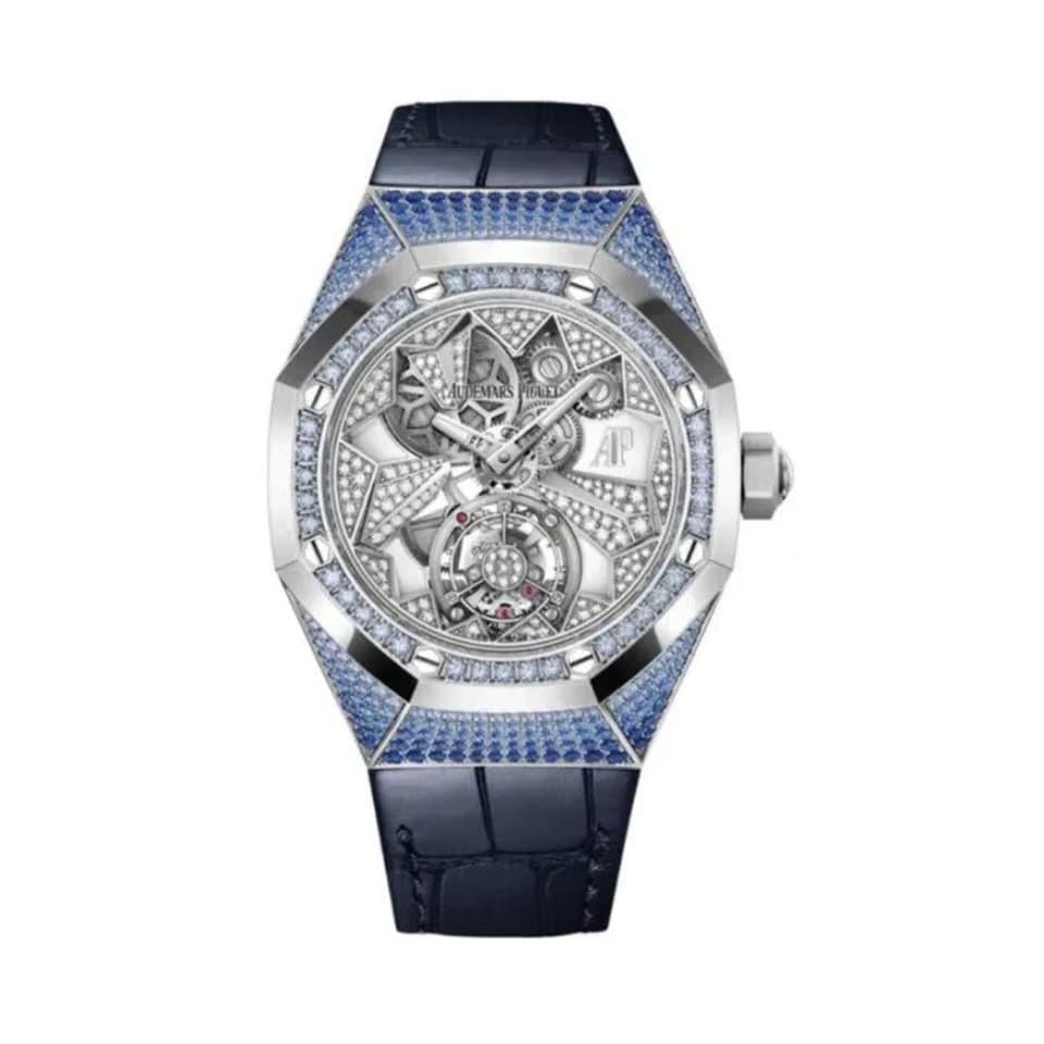 Audemars Piguet Royal Oak Flying Tourbillon WG Blue Saphhire Diamond Case Blue Alligator Leather Strap