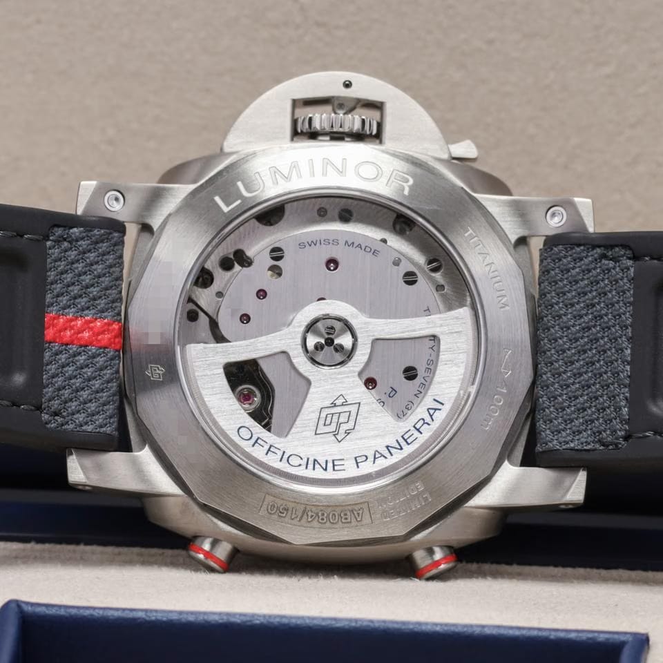 Panerai2025 Complete 44mm Titanium Grey Dial Blue/Red Accents Titanium Bezel Textile Strap PAM016