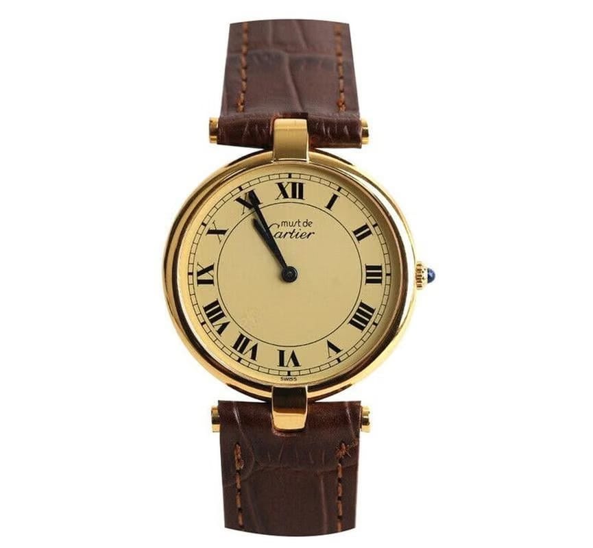 Cartier Round Pin Buckle Brown Leather Band 30 MM Original Dial 7227103013