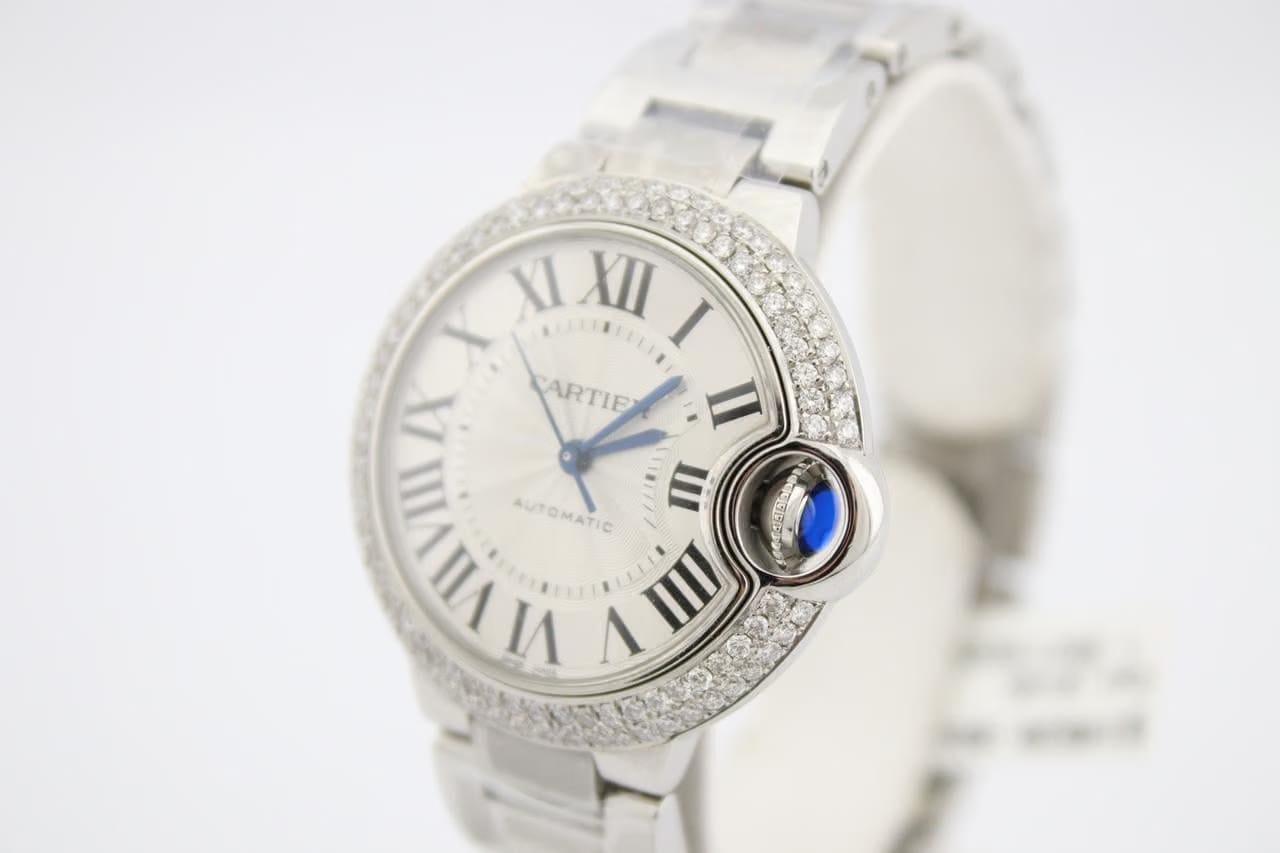Cartier Ballon Bleu 33mm Stainless Steel Diamond Encrusted Watch WSBB0044