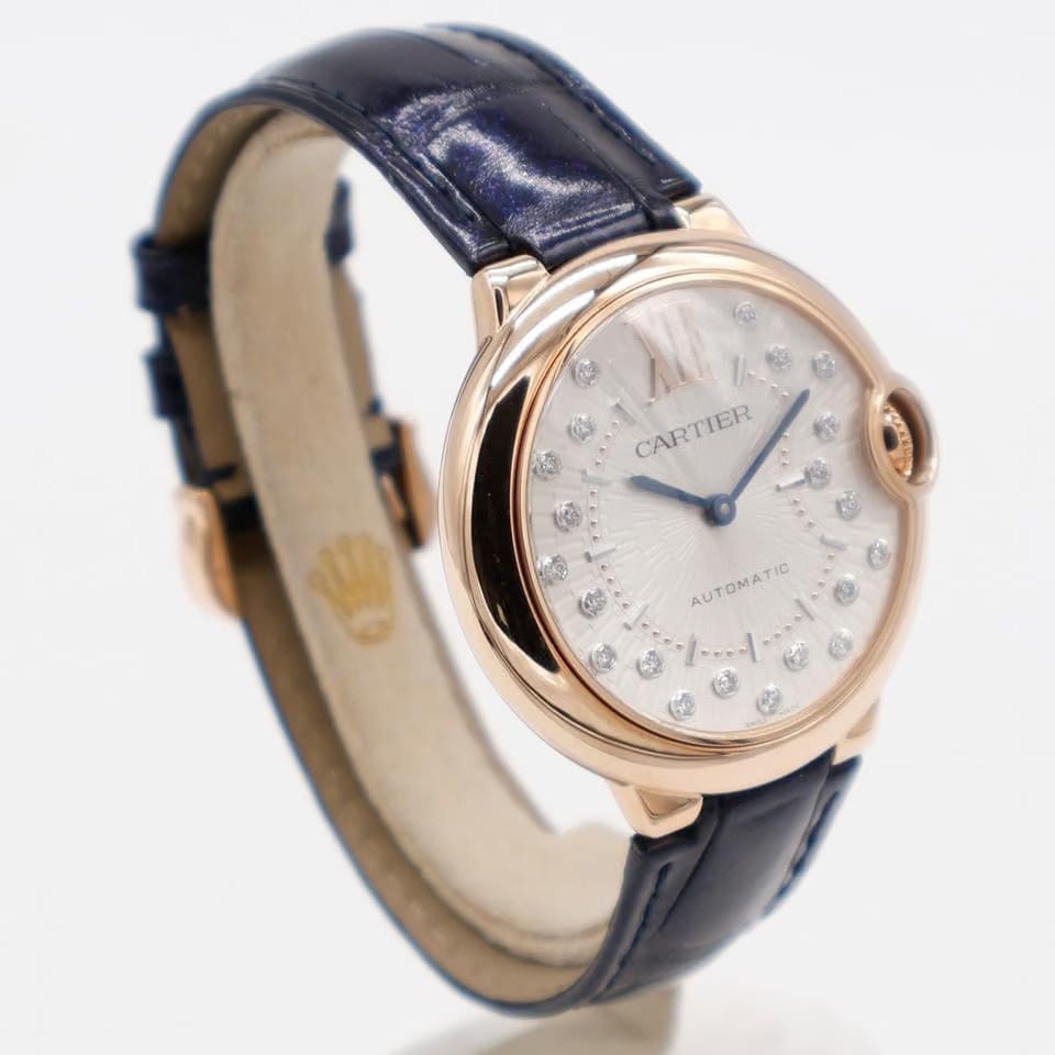 Cartier Ballon Bleu 36mm 18k Rose Gold Diamonds WGBB0053 4407 Leather Automatic