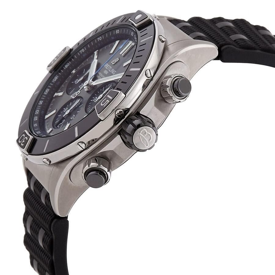 Breitling Chronomat Super Chronomat B01 44 Grey Dial Black Rubber Strap EB0136251 M1 S1 1/4th second chronograph 30-minute and 12-hour totalizers.