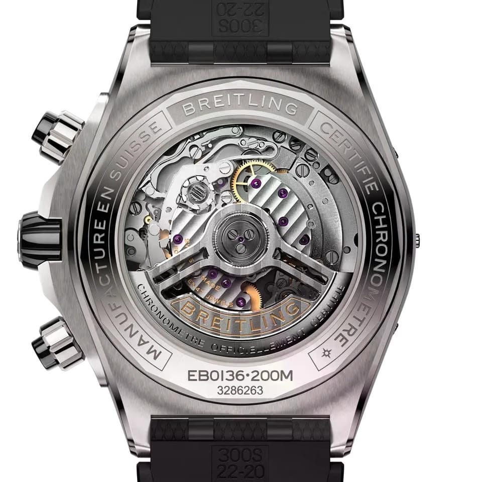 Breitling Chronomat Super Chronomat B01 44 Grey Dial Black Rubber Strap EB0136251 M1 S1 1/4th second chronograph 30-minute and 12-hour totalizers.
