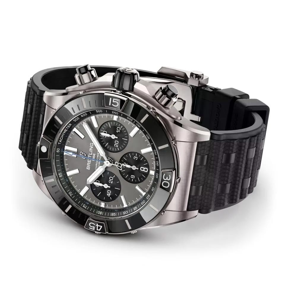 Breitling Chronomat Super Chronomat B01 44 Grey Dial Black Rubber Strap EB0136251 M1 S1 1/4th second chronograph 30-minute and 12-hour totalizers.
