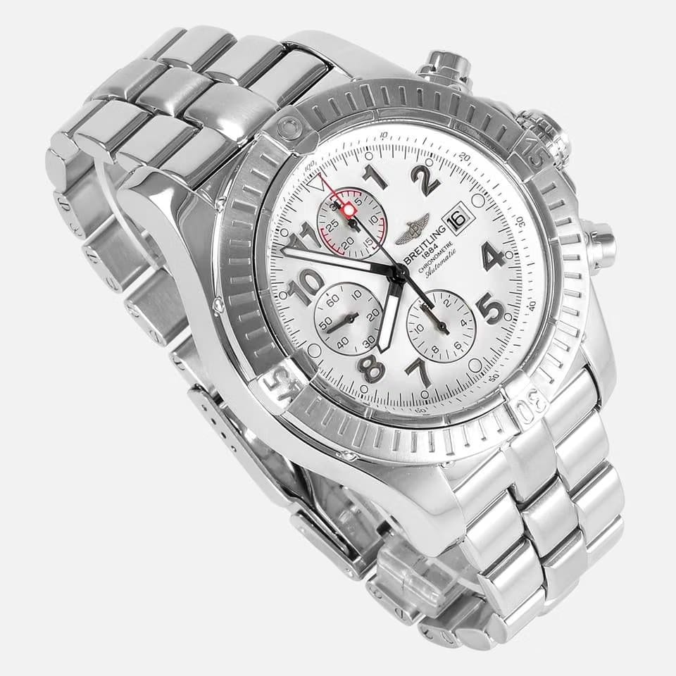 Breitling Super Avenger Chronograph Automatic White Arabic 1/4th second 48mm Stainless Steel A13370