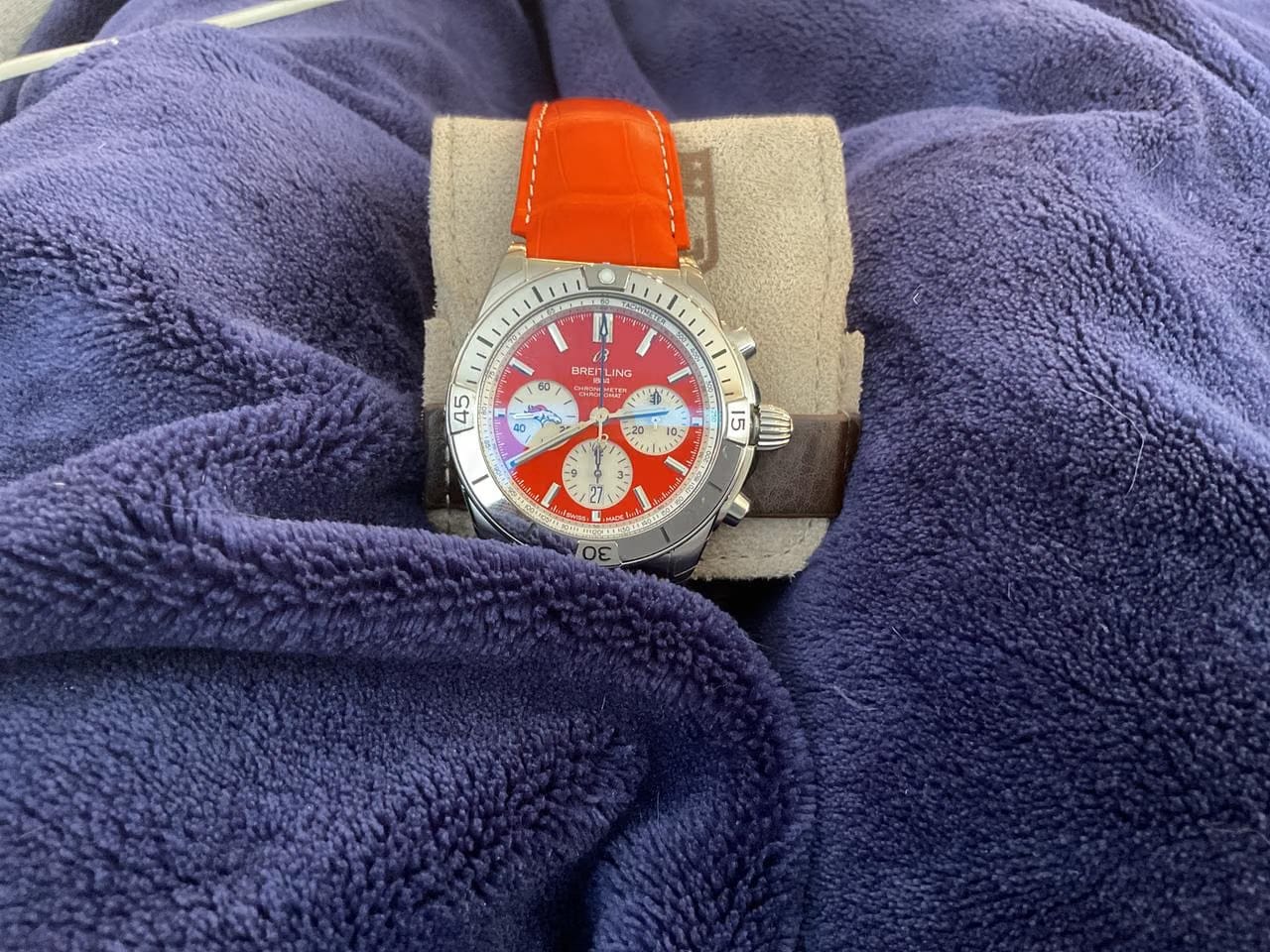 Breitling Chronomat 42 B01 42 NFL Broncos with custom orange leather band original included