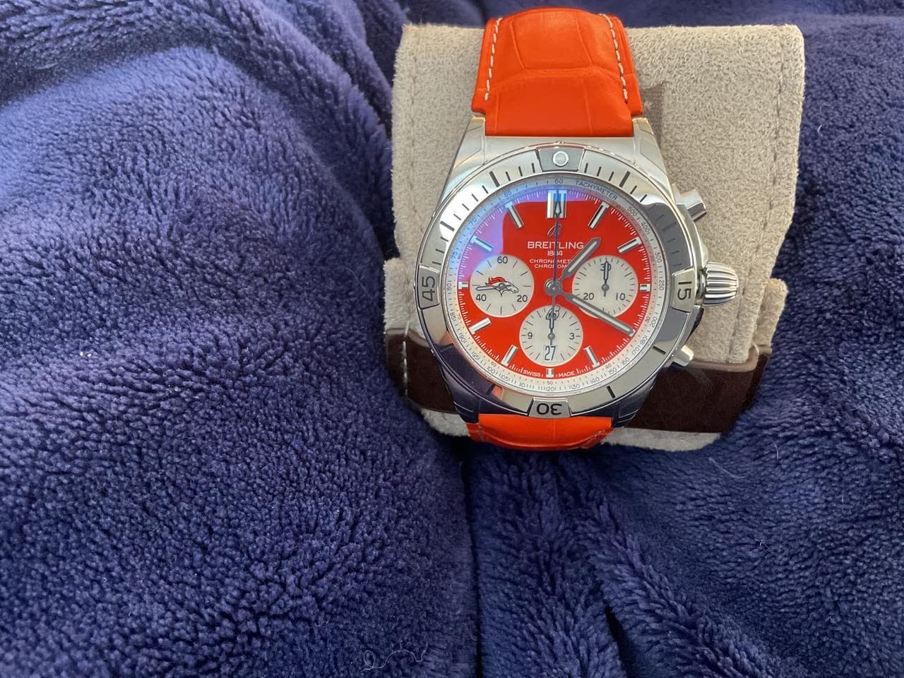 Breitling Chronomat 42 B01 42 NFL Broncos with custom orange leather band original included