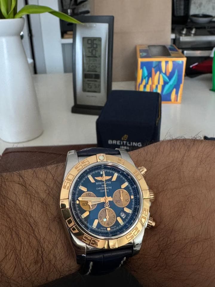 Breitling Chronomat 44 SALE 10/10 RARE 1 OWNER 18 K “ROSE” GOLD BLUE ALLIGATOR STRAP