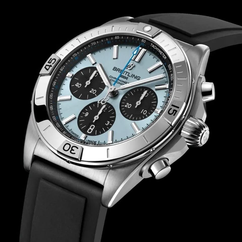 Breitling Chronomat B01 Ice blue dial Platinum & Steel Full Set New