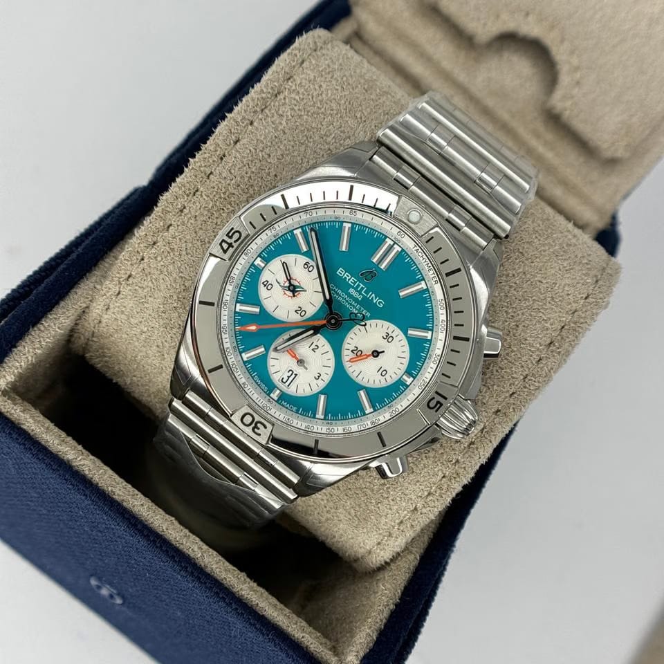 Breitling Chronomat 42 B01 42 Steel Automatic Teal Blue Dial White Subdials NFL Miami Dolphins Edition FULL SET BOX PAPERS MINT CONDITION