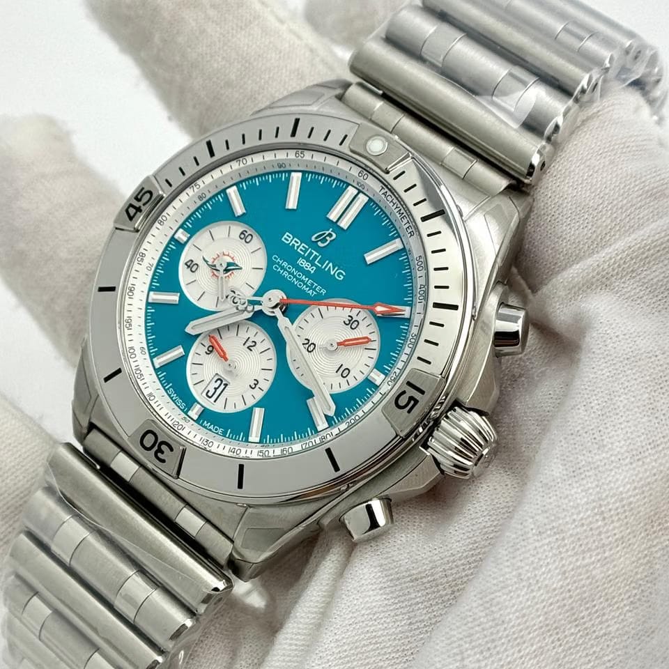 Breitling Chronomat 42 B01 42 Steel Automatic Teal Blue Dial White Subdials NFL Miami Dolphins Edition FULL SET BOX PAPERS MINT CONDITION