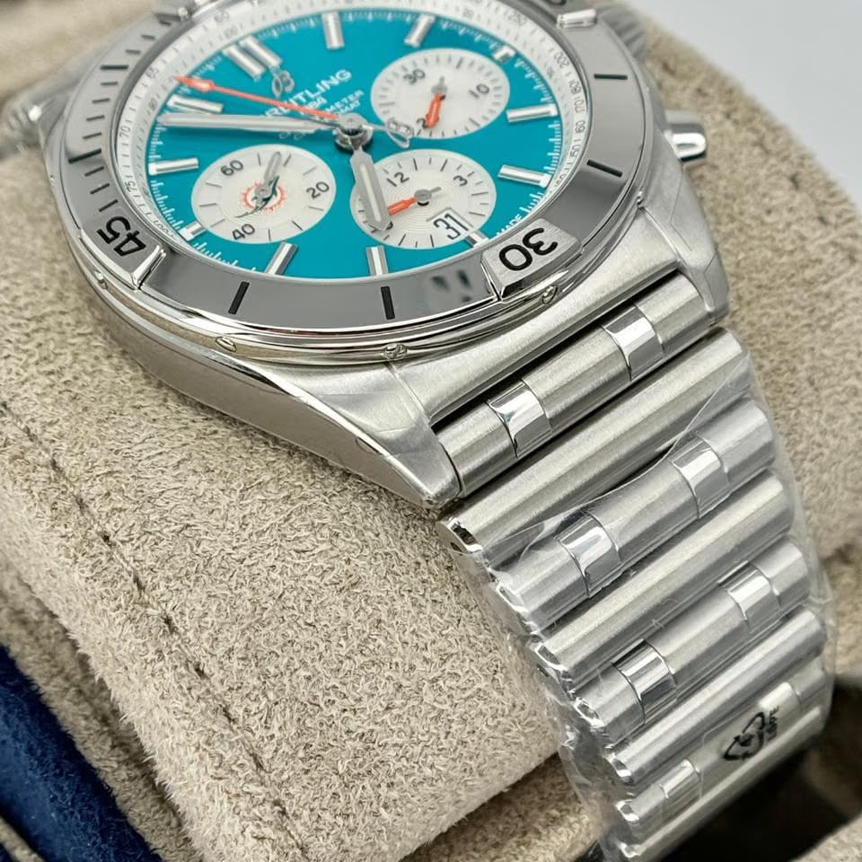 Breitling Chronomat 42 B01 42 Steel Automatic Teal Blue Dial White Subdials NFL Miami Dolphins Edition FULL SET BOX PAPERS MINT CONDITION