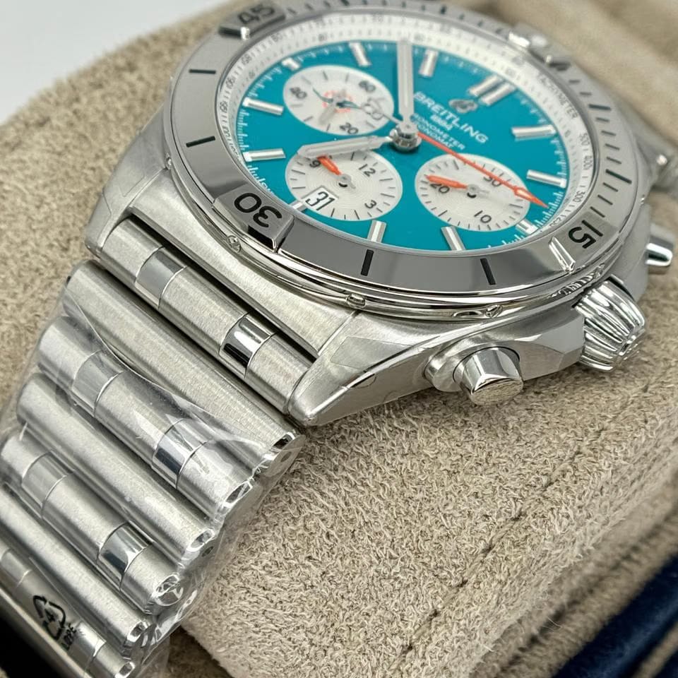 Breitling Chronomat 42 B01 42 Steel Automatic Teal Blue Dial White Subdials NFL Miami Dolphins Edition FULL SET BOX PAPERS MINT CONDITION