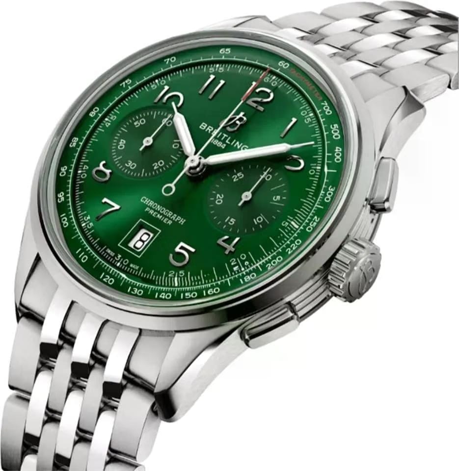 Breitling Premier B01 Green Dial Chronograph Stainless Steel 42mm Men's Watch AB0145371 L1 A1 Complete Full Set