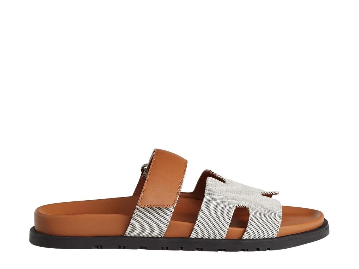 Hermes Chypre Sandal In H Canvas And Calfskin With Anatomical Rubber Sole And Adjustable Strap Prunoir-Naturel