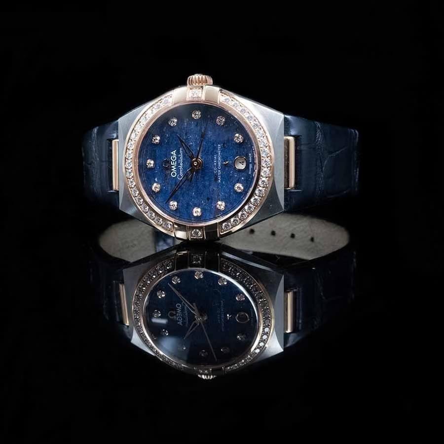 Omega Constellation Ladies Blue Motif 29mm 131.28.29.20.99.003 (2026) - UNWORN Diamond Dial 18ct R/Gold Diamond Bezel S/Steel Blue Leather