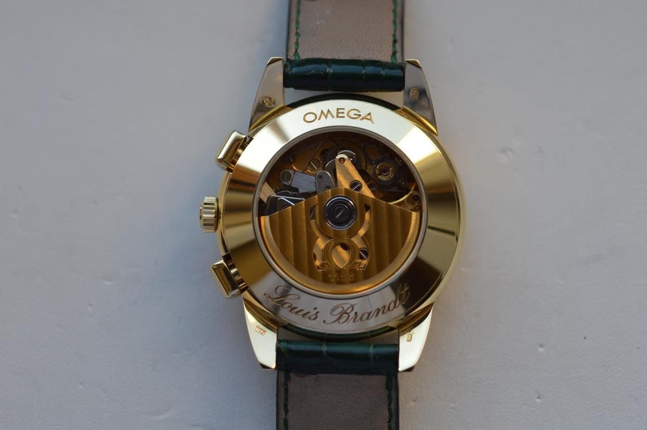 Omega Louis Brandt Chronograph Automatic 18 K Yellow Gold Full Set NOS