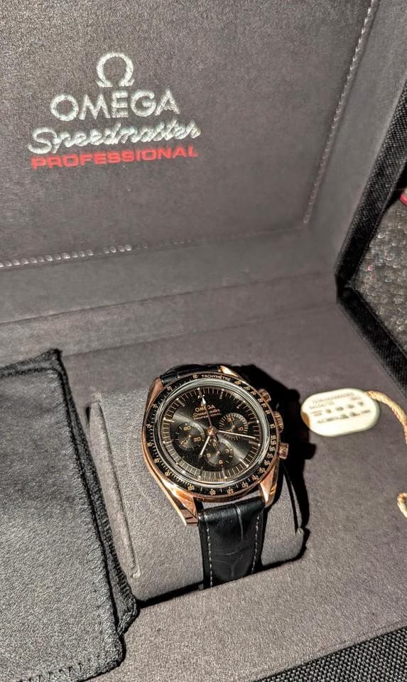 Omega Speedmaster Professional Moonwatch Co-Axial Master Chronometer 2025 42mm 18k Sedna Gold on leather strap