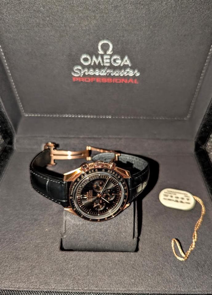 Omega Speedmaster Professional Moonwatch Co-Axial Master Chronometer 2025 42mm 18k Sedna Gold on leather strap