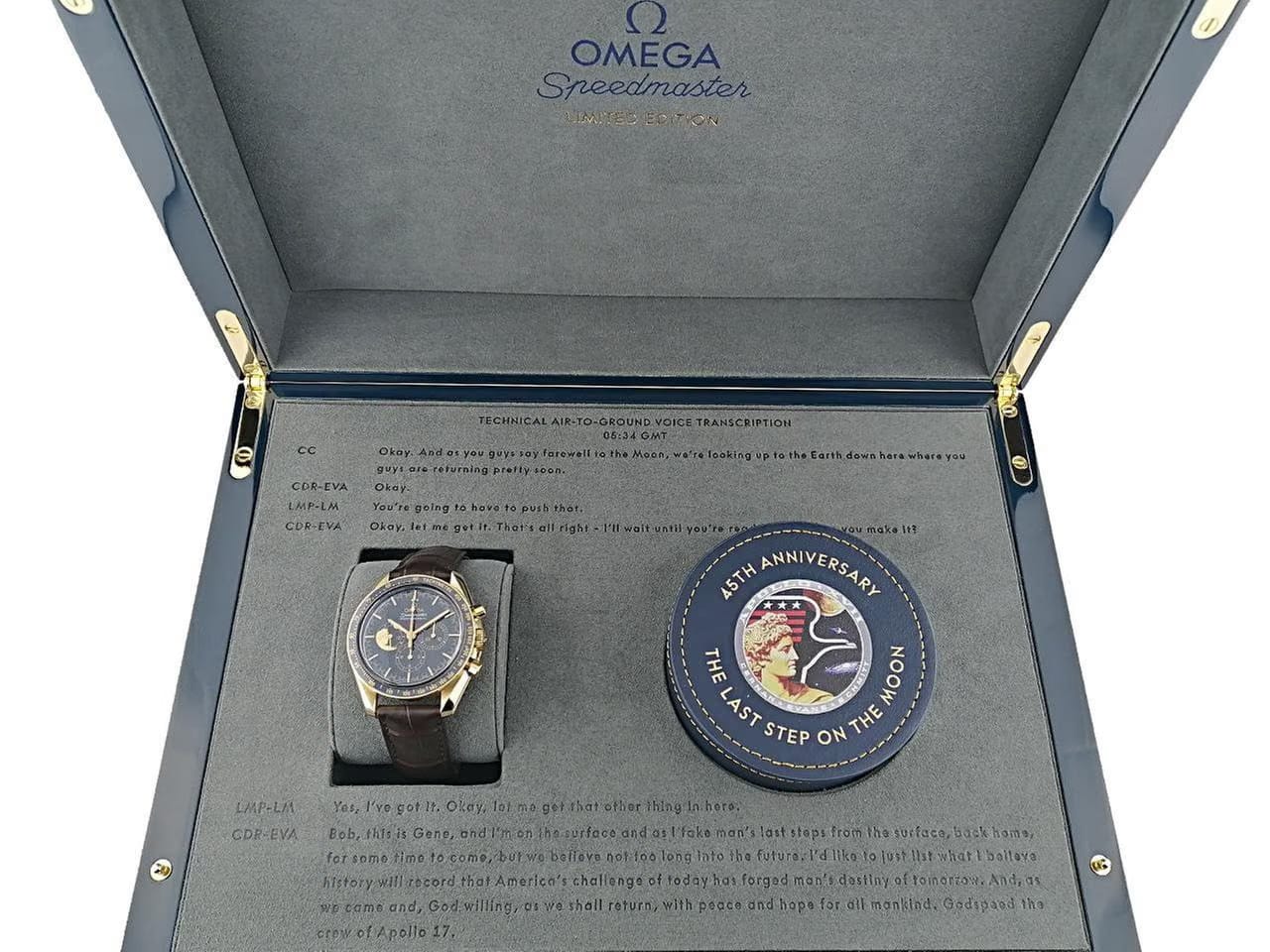 Omega Speedmaster Professional Moonwatch Apollo XVII Limited Edition Handaufzug Gelbgold 42mm Keramik-Zifferblatt braunes Lederband 311.63.42.30.03.001 Full Set mit Garantie Occasion Neu