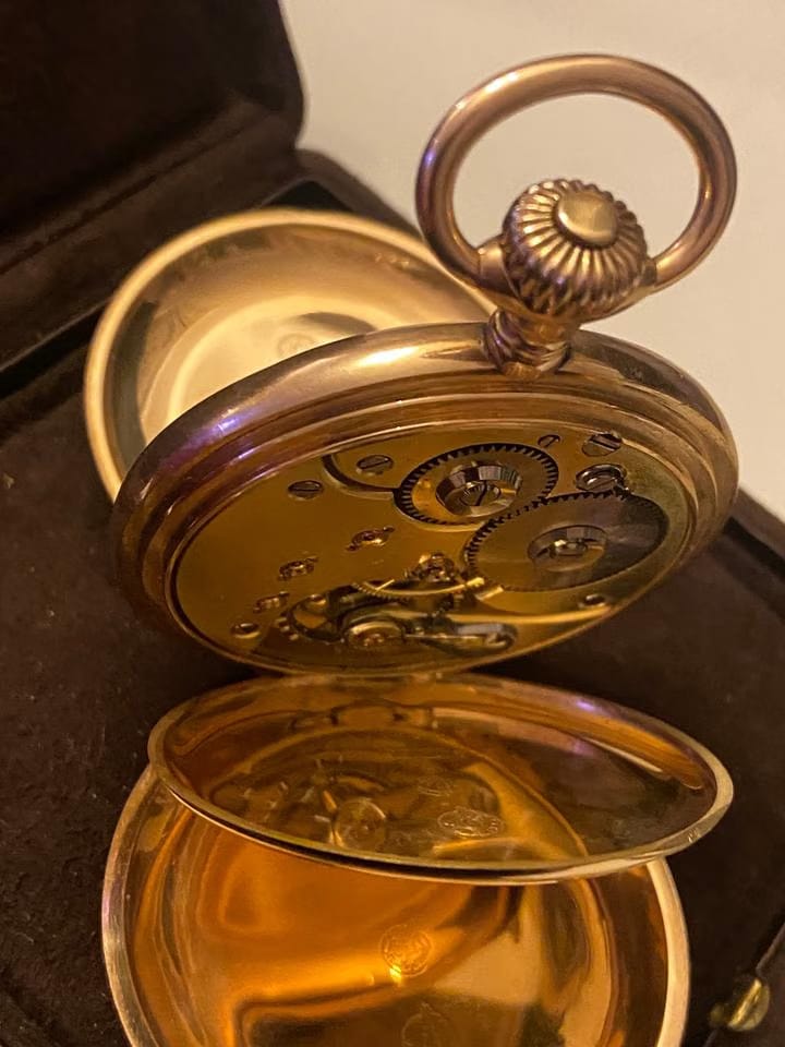 Omega Savonette Taschenuhr Seltene antike Omega Savonette-Taschenuhr 585 Gold H J WILM