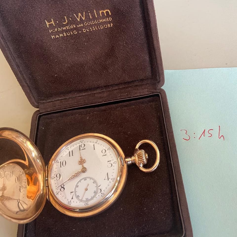 Omega Savonette Taschenuhr Seltene antike Omega Savonette-Taschenuhr 585 Gold H J WILM