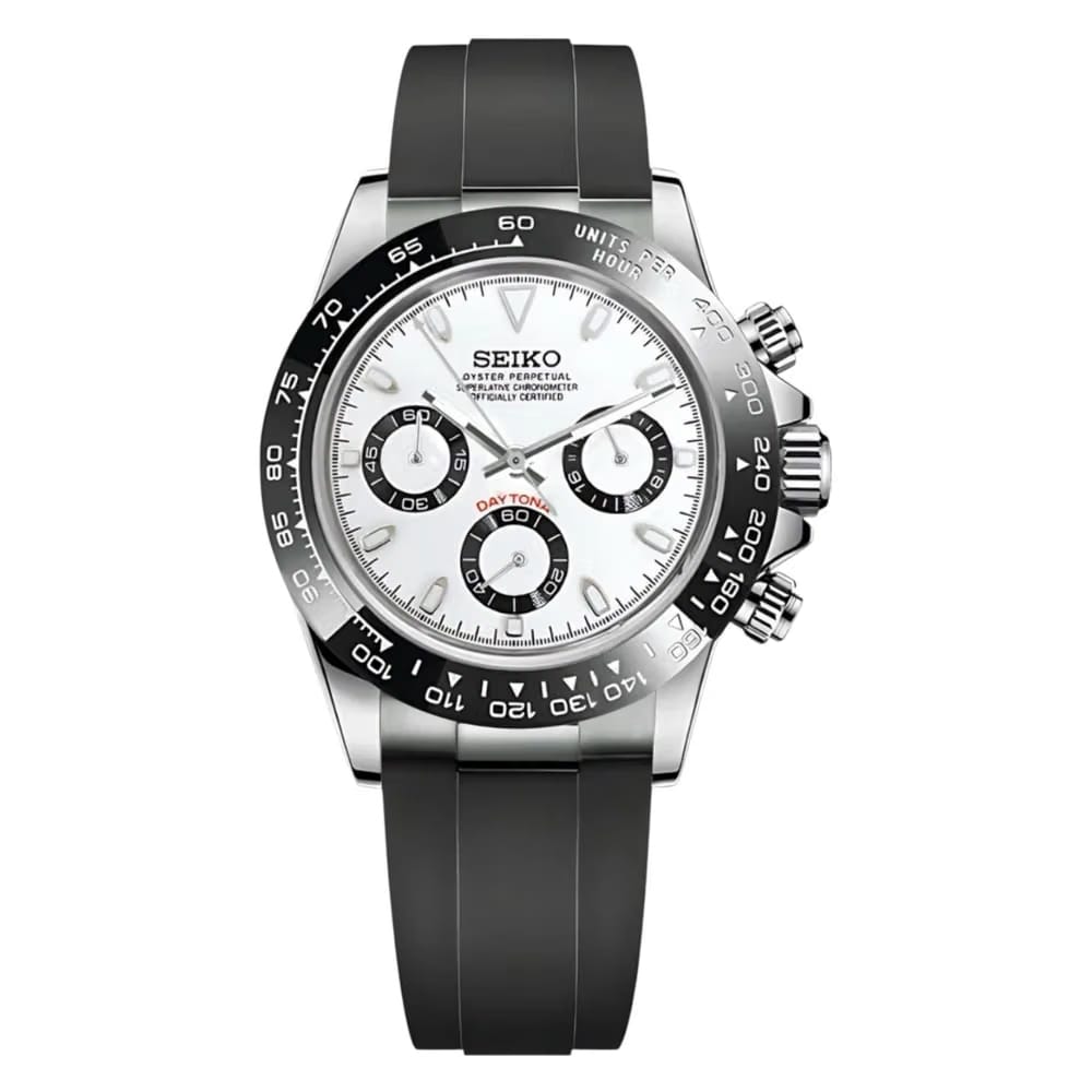 Seiko MOD Daytona Lunette céramique cadran Blanc "PANDA" Oyster Flex