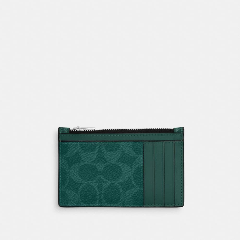 Coach Zip Card Case In Signature Canvas Silver Sea Green
