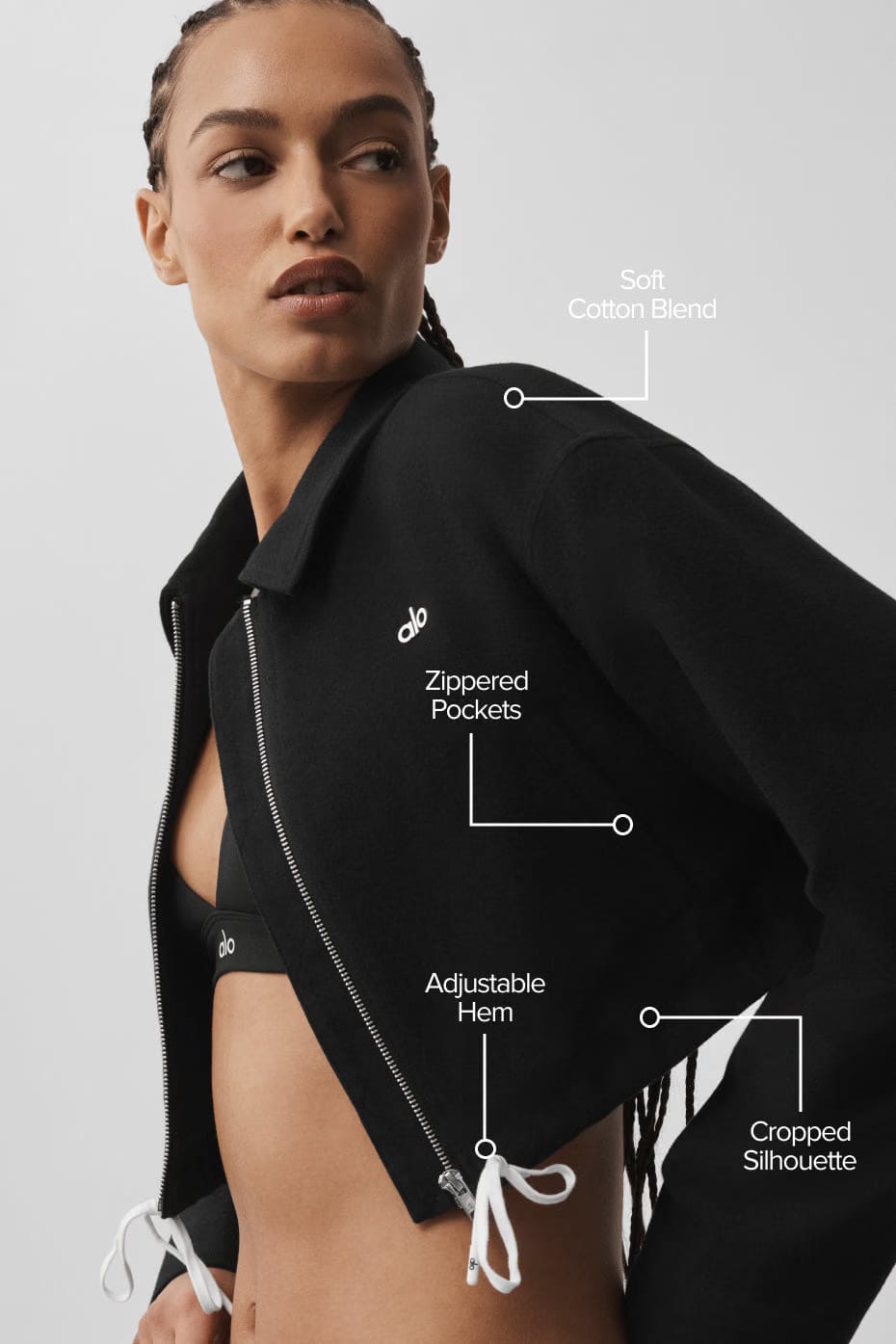 Alo Yoga Cropped Fan Favorite Full Zip Jacket - Black