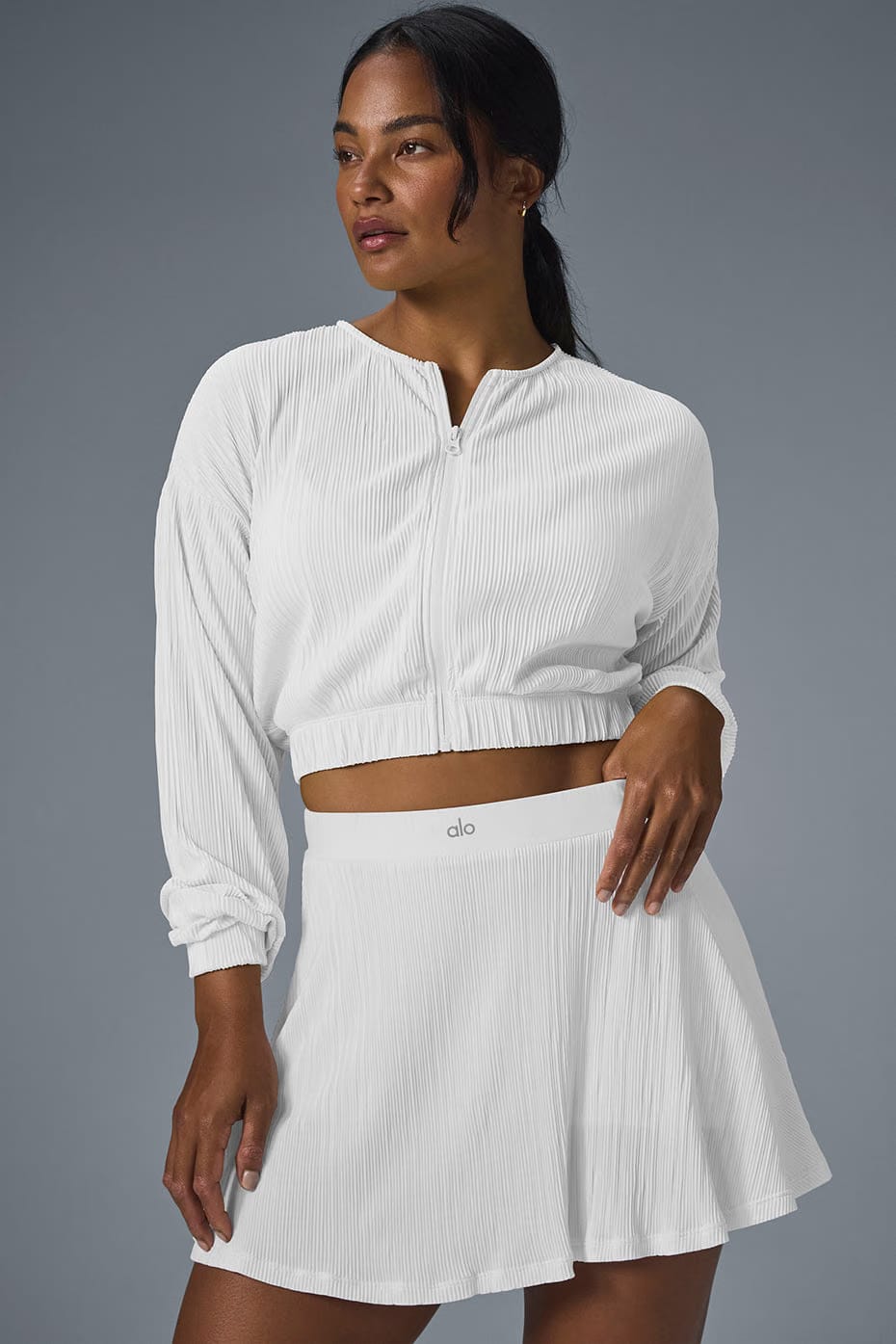 Alo Yoga Cropped Micro Plisse Jacket - White