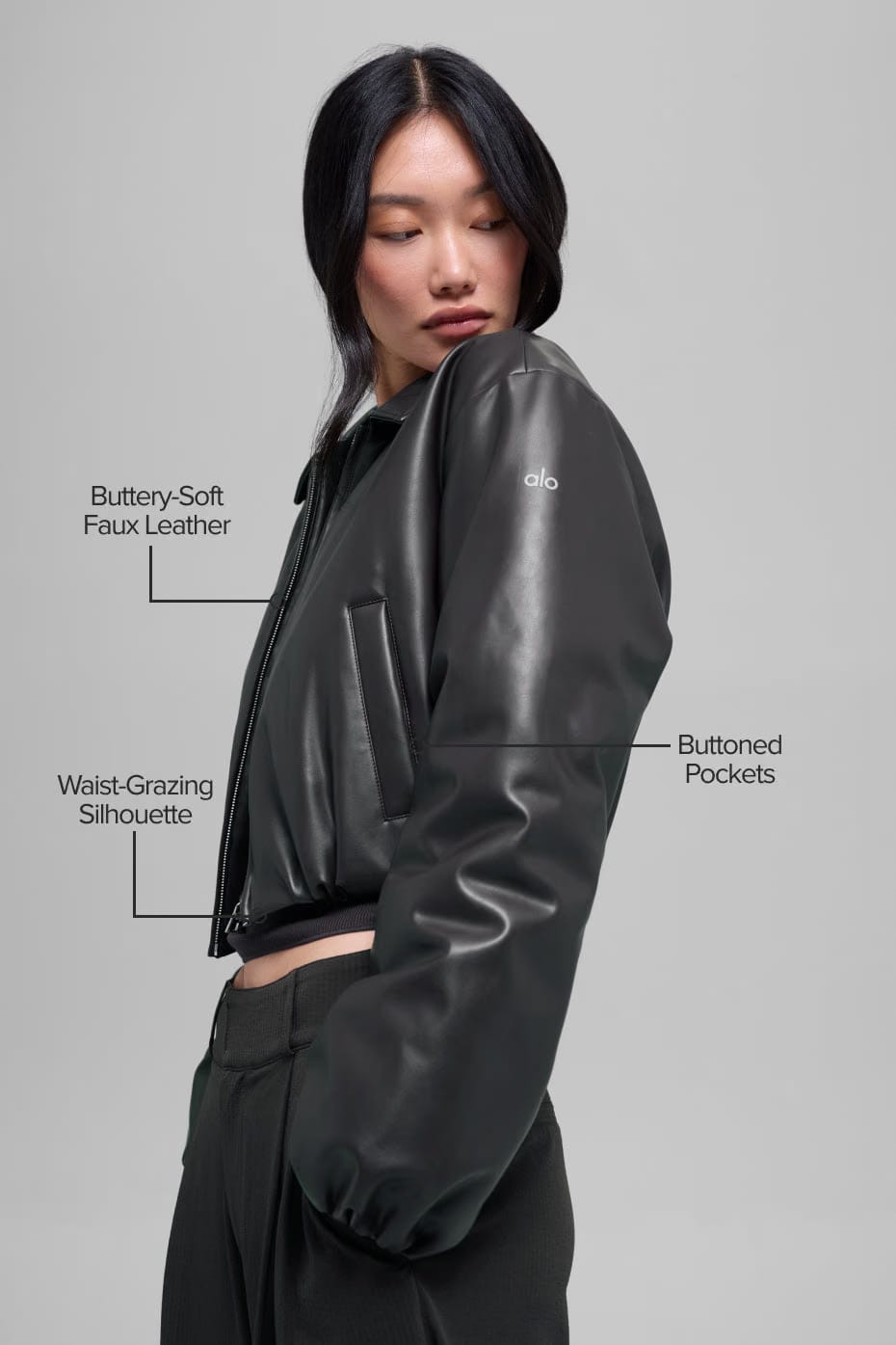 Alo Yoga Faux Leather Cropped Premier Bomber - Black