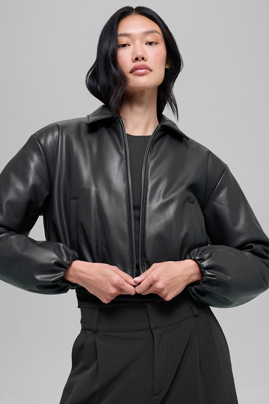 Alo Yoga Faux Leather Cropped Premier Bomber - Black