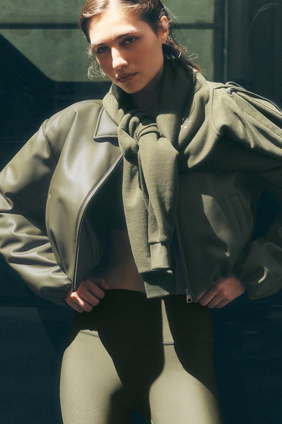 Alo Yoga Faux Leather Cropped Premier Bomber - Green Olive