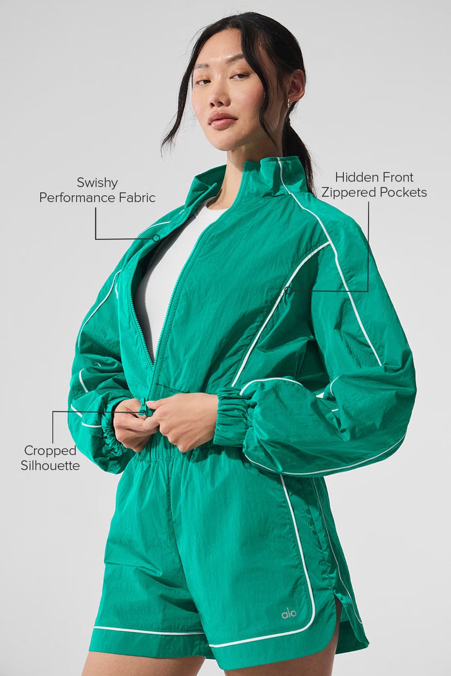 Alo Yoga Motivate Full-Zip Track Jacket - Spruce Green/White