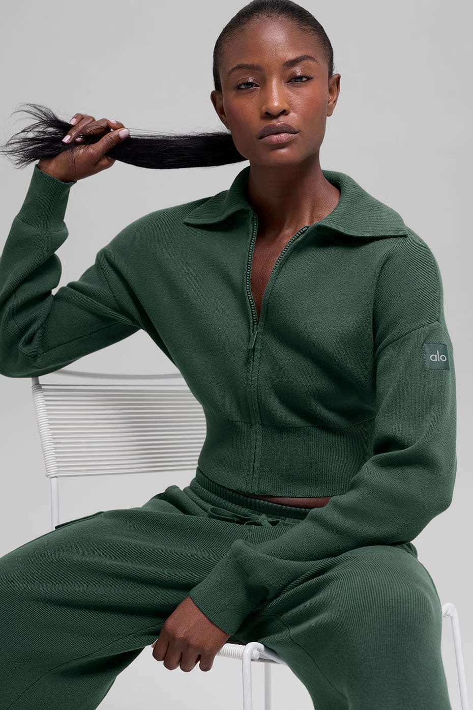 Alo Yoga Scholar Knit Cropped Full Zip Jacket - Clover Green