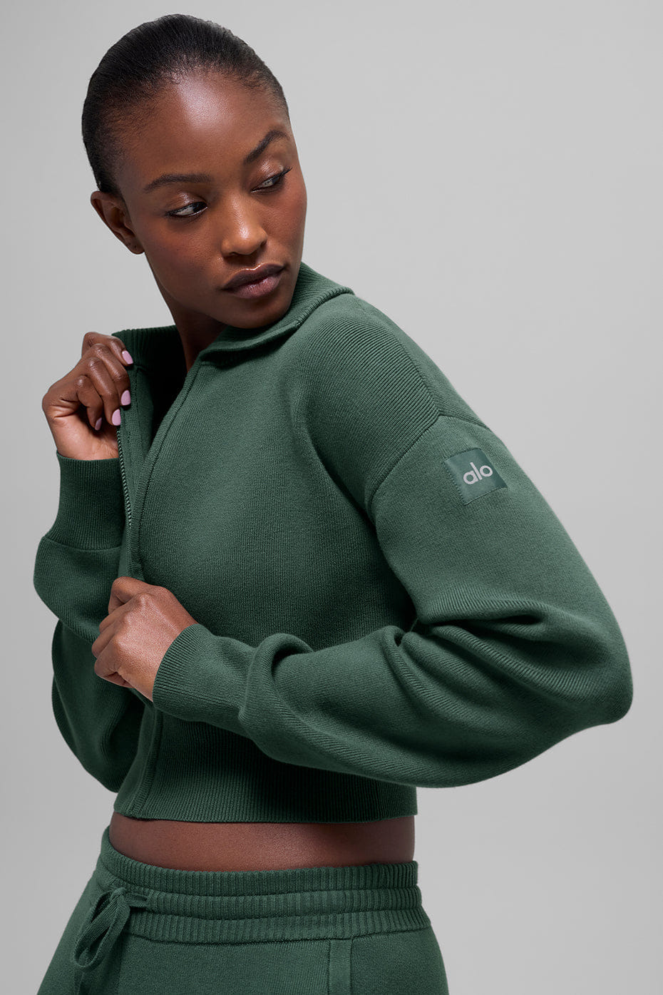 Alo Yoga Scholar Knit Cropped Full Zip Jacket - Clover Green