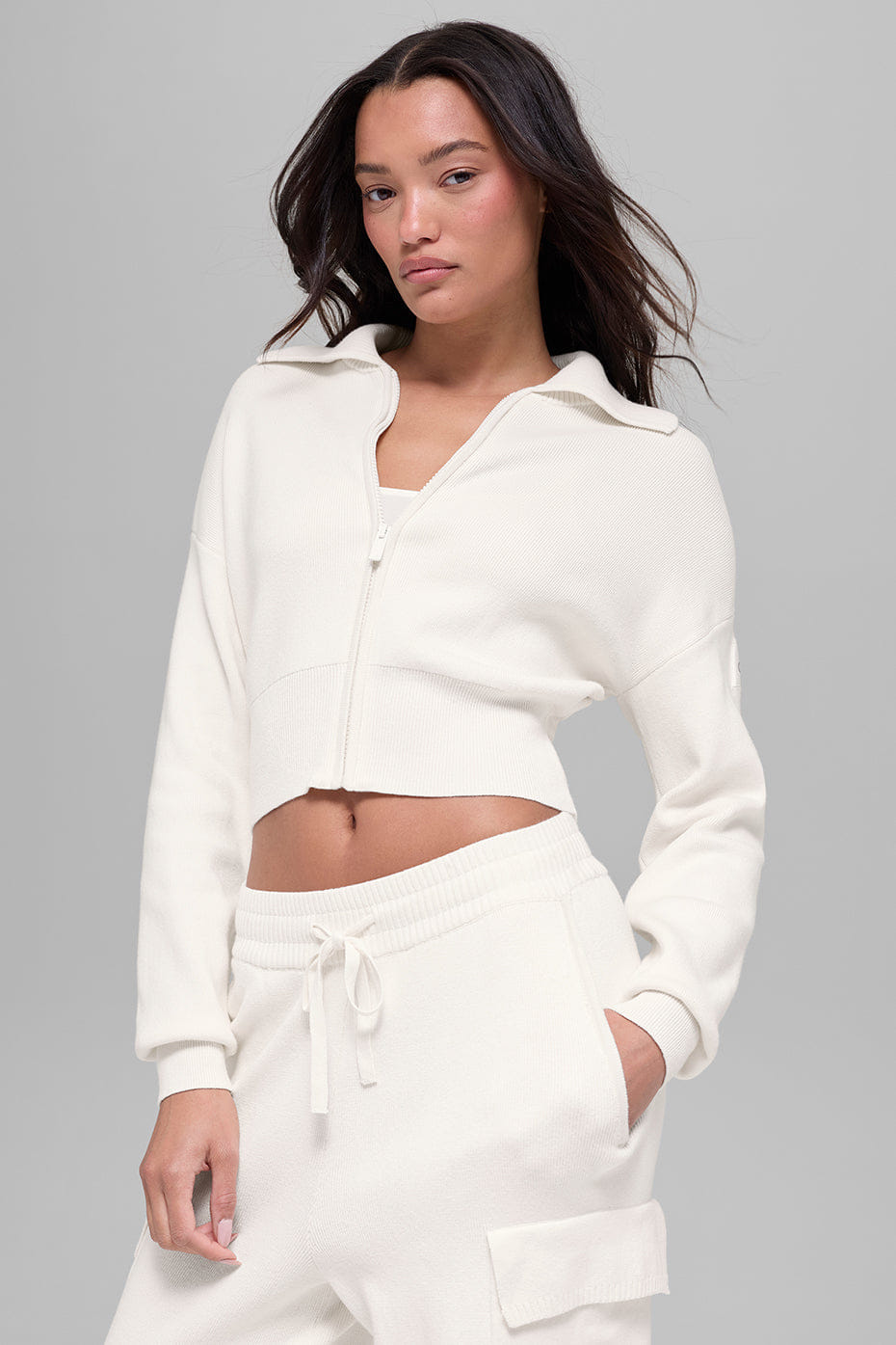 Alo Yoga Scholar Knit Cropped Full Zip Jacket - Ivory