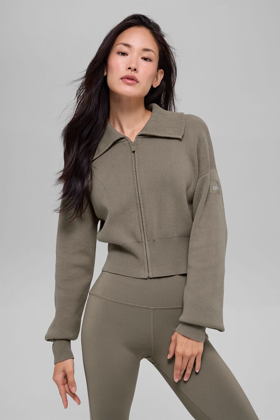 Alo Yoga Scholar Knit Cropped Full Zip Jacket - Light Cocoa