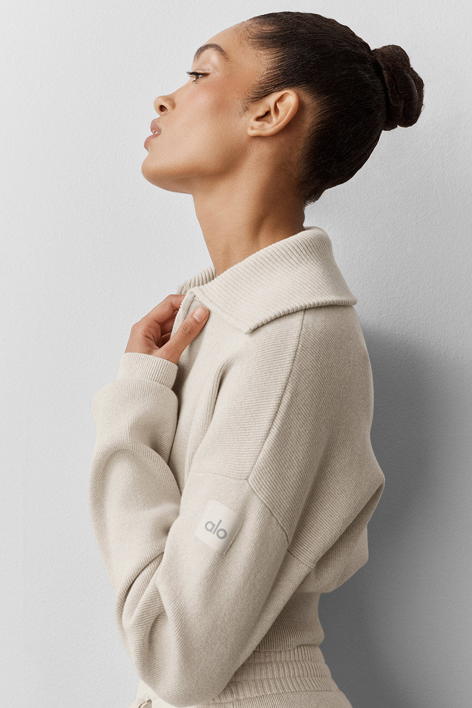 Alo Yoga Scholar Knit Cropped Full Zip Jacket - Oatmeal Heather