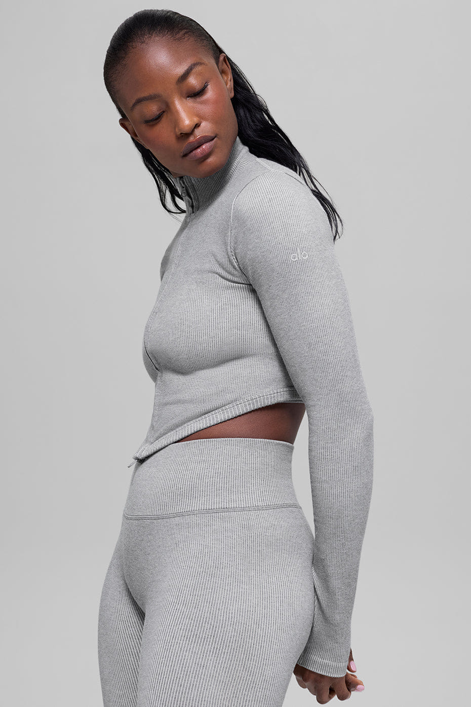 Alo Yoga Seamless Two Tone Rib Jacket - Light Misty Grey Heather