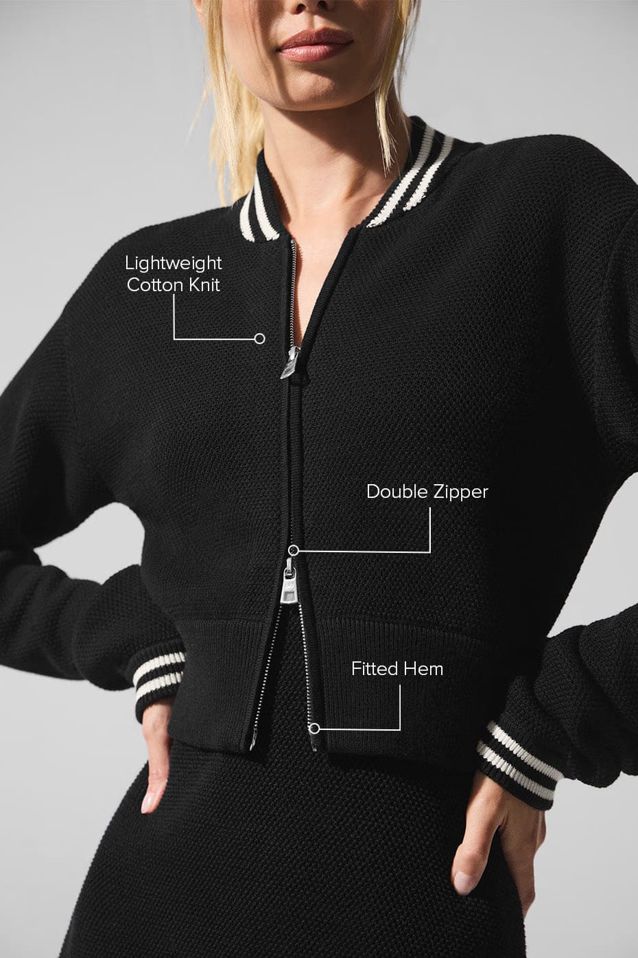 Alo Yoga Tennis Club Sweater Knit Full Zip Jacket - Black/Ivory