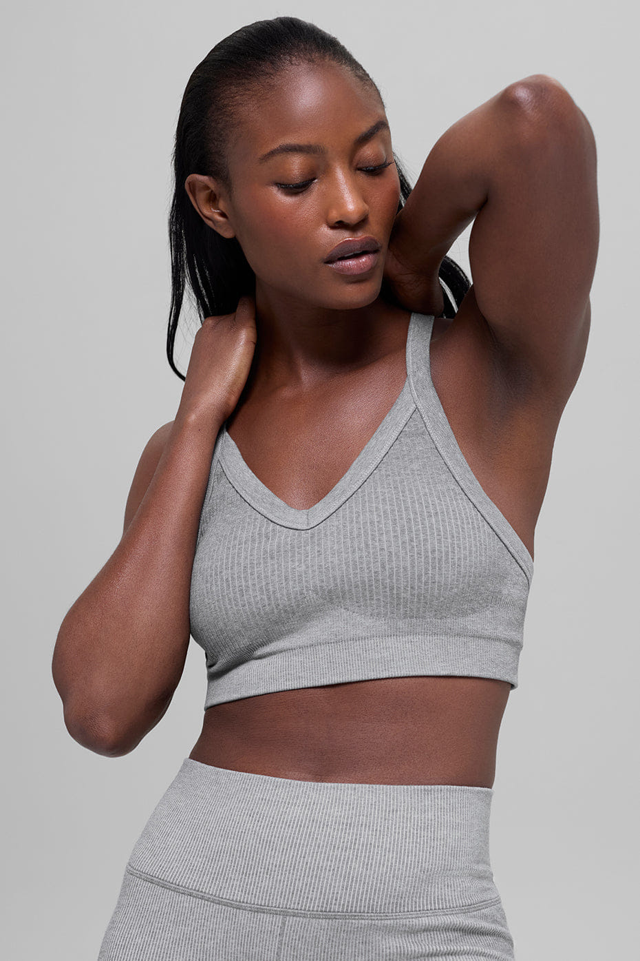 Alo Yoga Seamless Two Tone Rib Bra - Light Misty Grey Heather