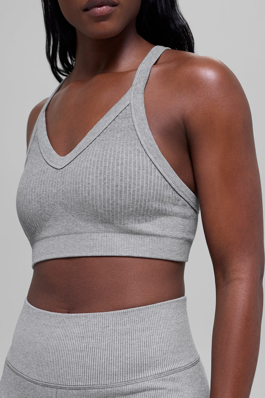 Alo Yoga Seamless Two Tone Rib Bra - Light Misty Grey Heather