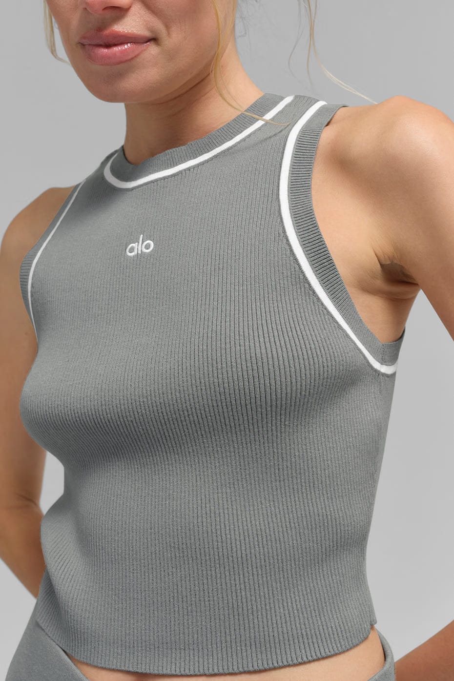 Alo Yoga Ribbed Sweater Knit Highline Cropped Tank - Lunar Grey/White