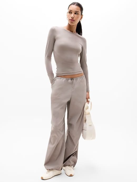 Athleta BodyMove Crew Neck Long Sleeve Top - Beige (Mortar Mushroom)