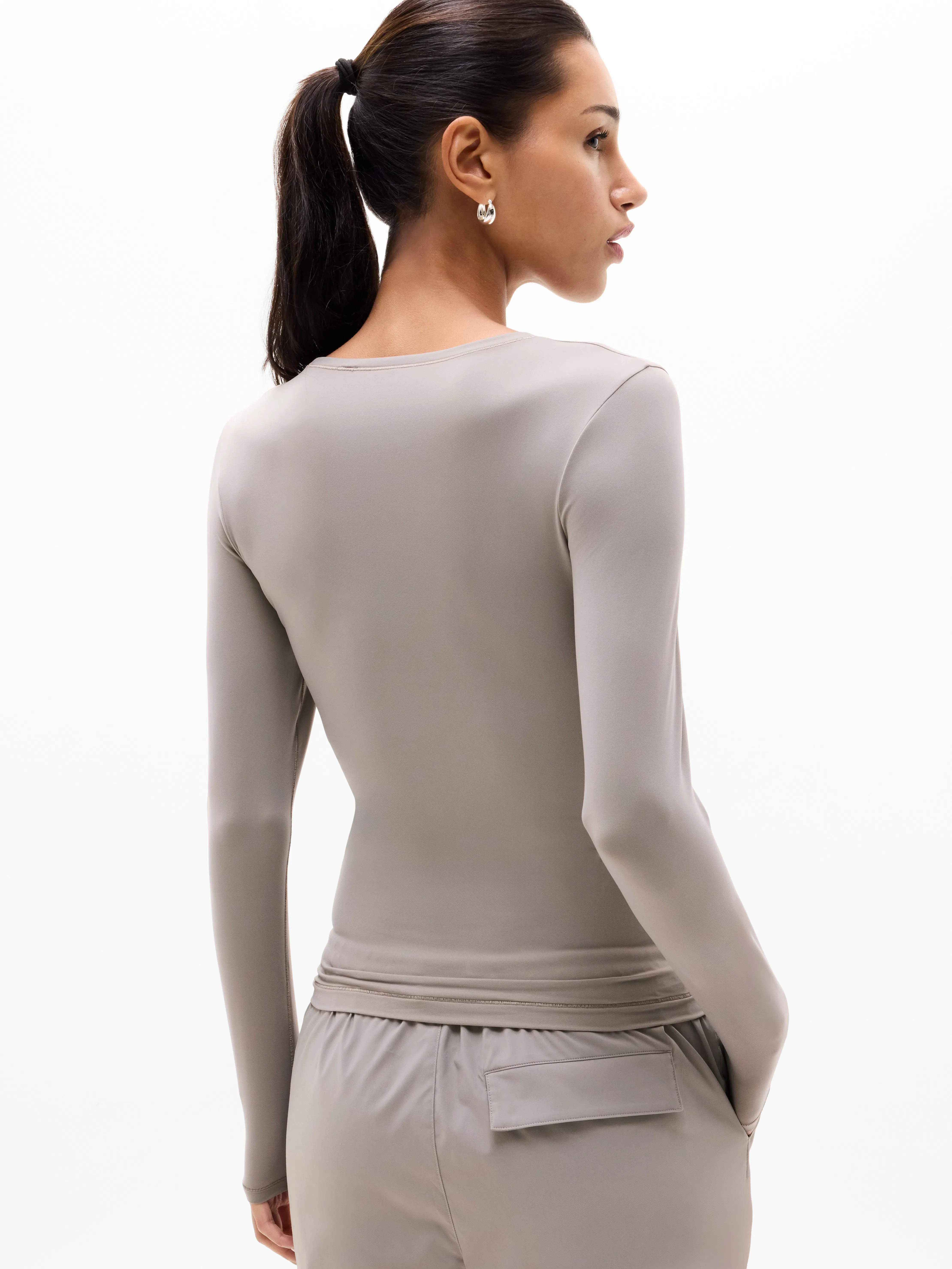 Athleta BodyMove Crew Neck Long Sleeve Top - Beige (Mortar Mushroom)