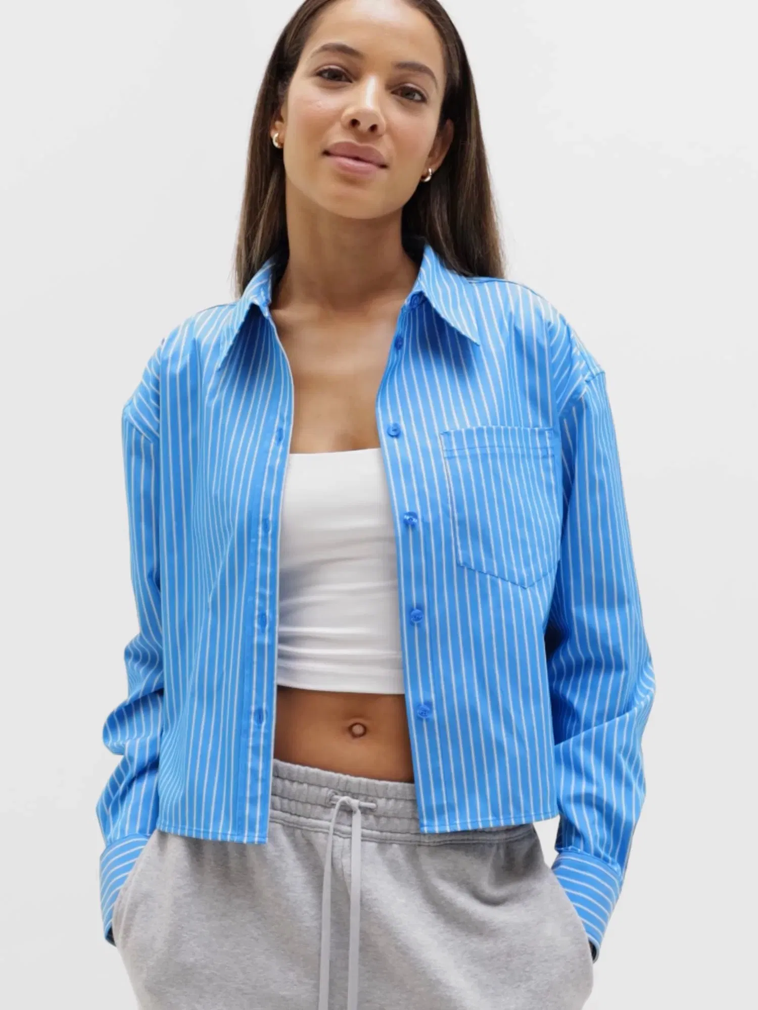 Athleta Midday Cropped Poplin Shirt - Blue (Hawthorne Stripe Breaker)