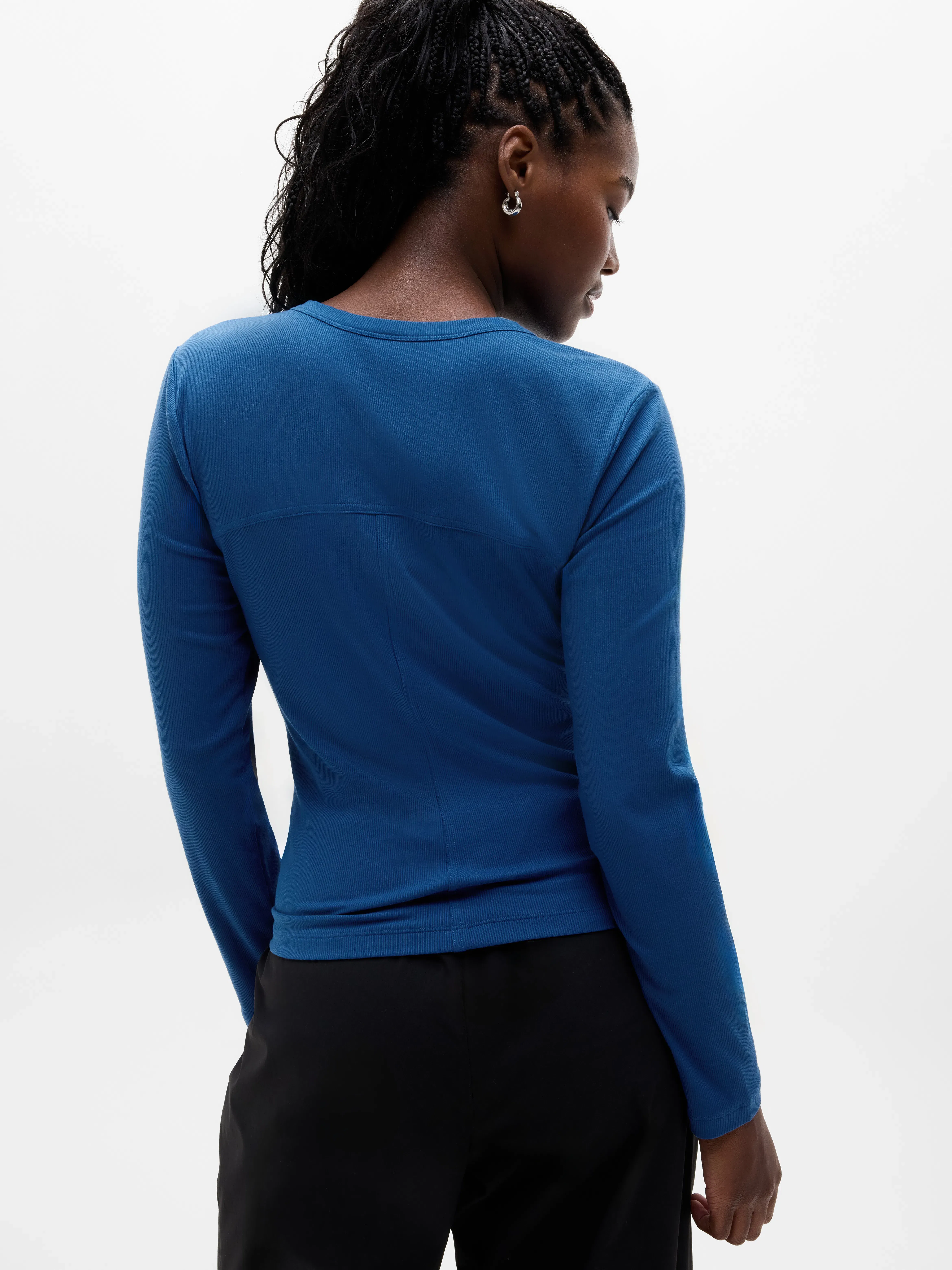 Athleta Signature Rib Long Sleeve Henley Top - Blue (Maritime)
