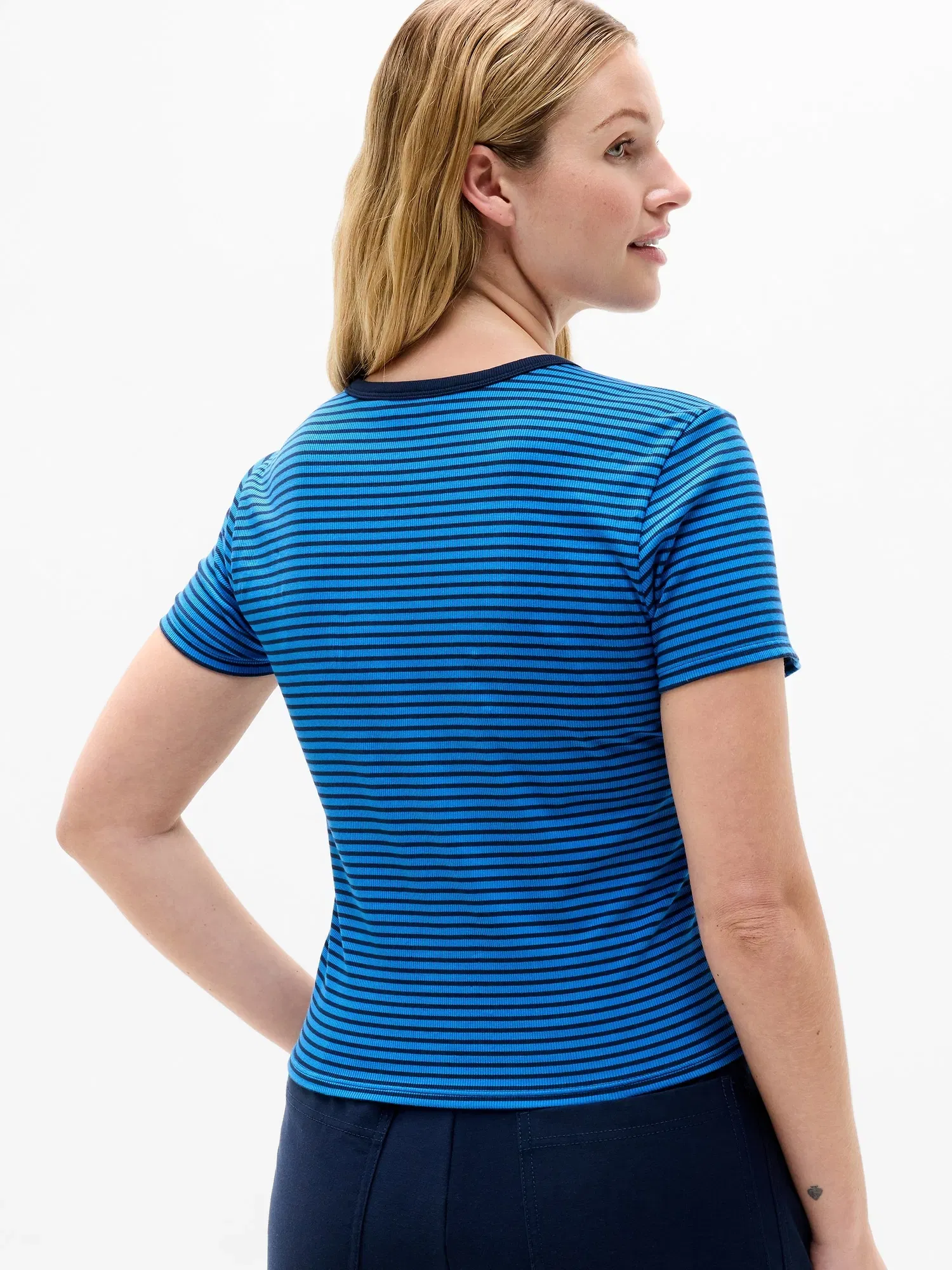Athleta Signature Rib Crop T-Shirt - Blue (Martina Breaker Stripe)
